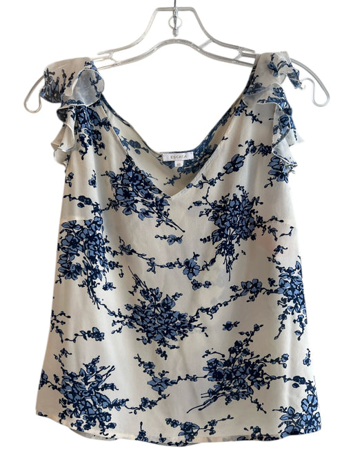 Escada Size 40 White & Blue 100% Silk V Neck Floral Flutter Sleeve Round Hem Top White & Blue / 40