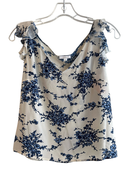 Escada Size 40 White & Blue 100% Silk V Neck Floral Flutter Sleeve Round Hem Top White & Blue / 40