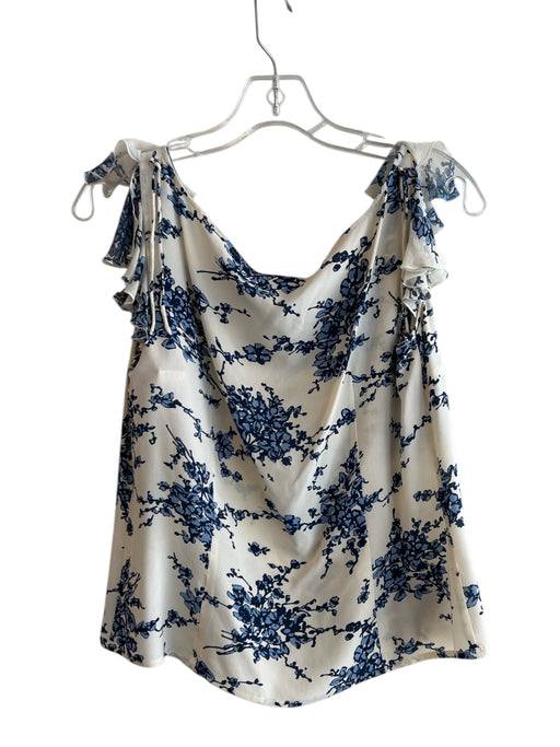 Escada Size 40 White & Blue 100% Silk V Neck Floral Flutter Sleeve Round Hem Top White & Blue / 40
