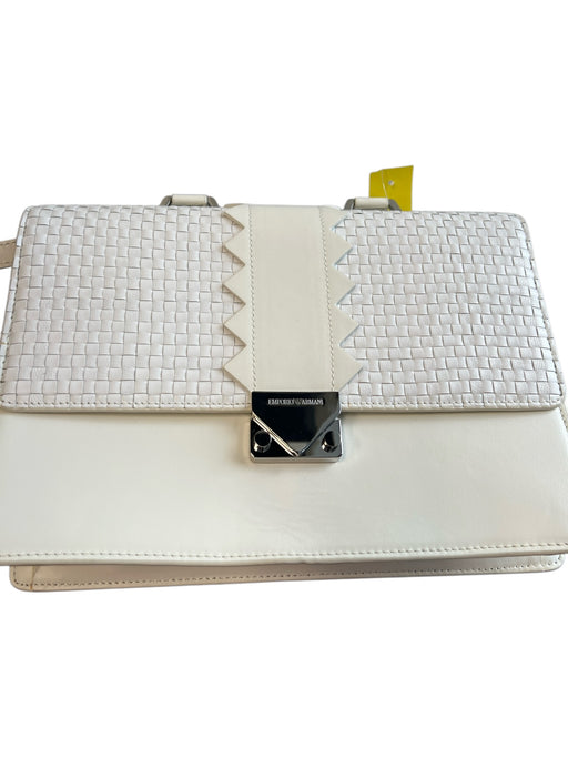 Emporio Armani White Leather Basket Weave Silver Hardware Top Handle Bag White / Medium