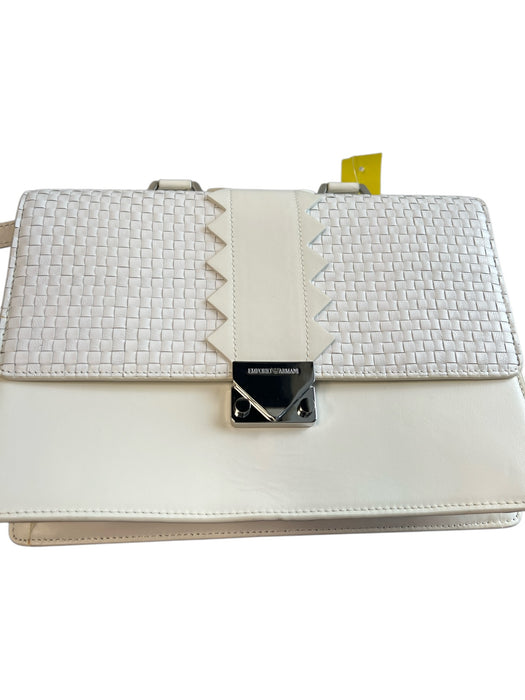 Emporio Armani White Leather Basket Weave Silver Hardware Top Handle Bag White / Medium