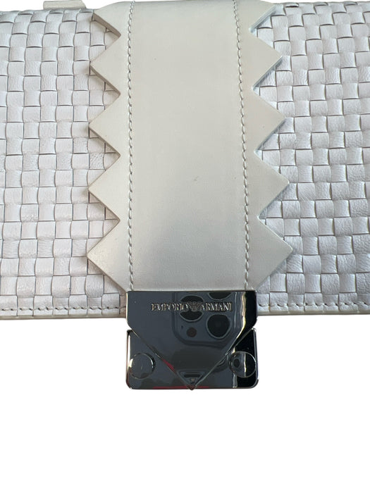 Emporio Armani White Leather Basket Weave Silver Hardware Top Handle Bag White / Medium