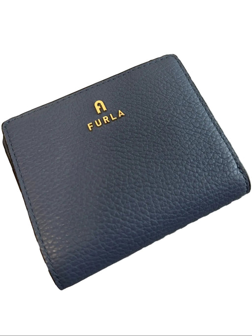 Furla Blue Leather Card Holder Gold Hardware Logo Foldable Wallets Blue