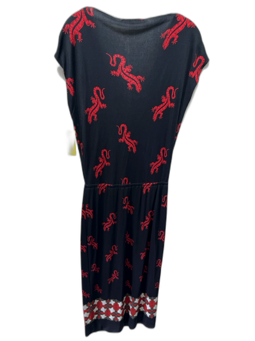 Loewe Size Est S/M Black, Red, White Silk Blend Boat Neck Gecko Midi Dress Black, Red, White / Est S/M