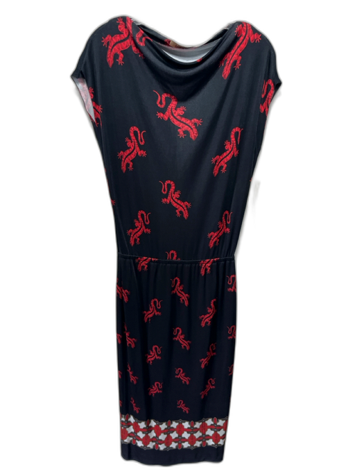 Loewe Size Est S/M Black, Red, White Silk Blend Boat Neck Gecko Midi Dress Black, Red, White / Est S/M