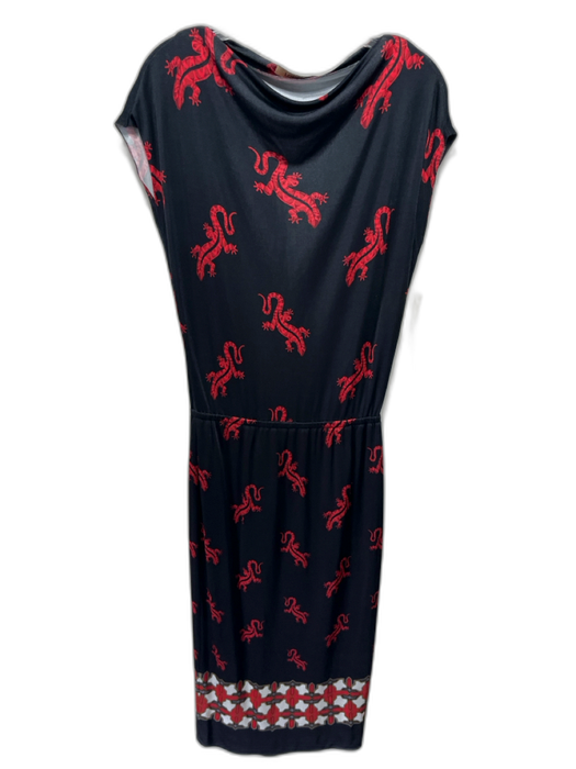 Loewe Size Est S/M Black, Red, White Silk Blend Boat Neck Gecko Midi Dress Black, Red, White / Est S/M