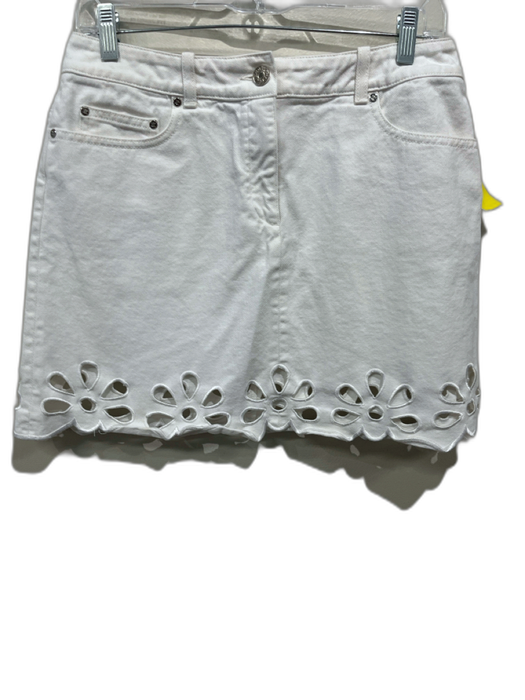 Celine Size 40 / M White Cotton Denim Flower Embroidered Mini Skirt White / 40 / M