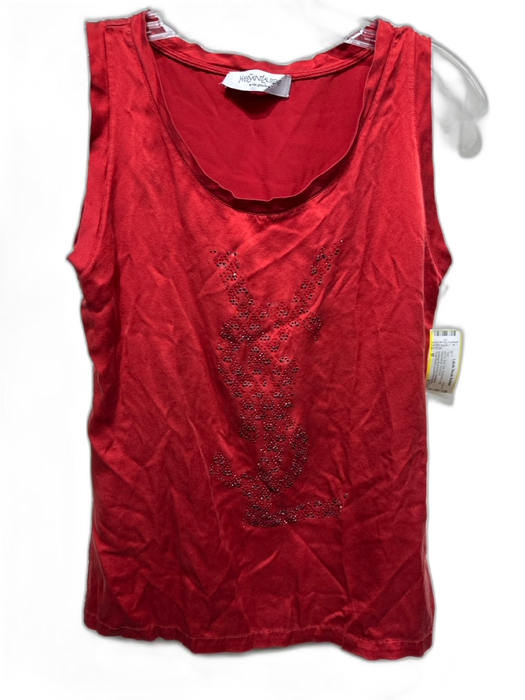 Yves Saint Laurent Rive Gauche Size M Red Silk Bedazzled Logo Sleeveless Top Red / M