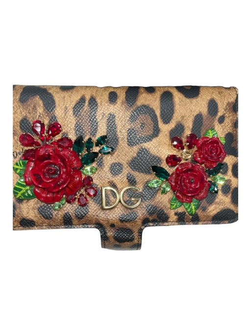 Dolce & Gabbana Brown, Red & Green Leather applique Animal Roses Phone Case Brown, Red & Green