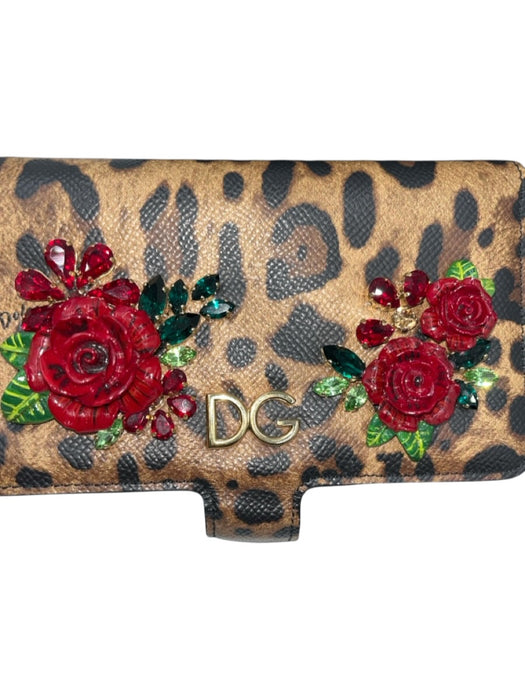 Dolce & Gabbana Brown, Red & Green Leather applique Animal Roses Phone Case Brown, Red & Green