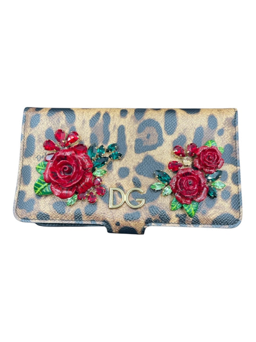 Dolce & Gabbana Brown, Red & Green Leather applique Animal Roses Phone Case Brown, Red & Green