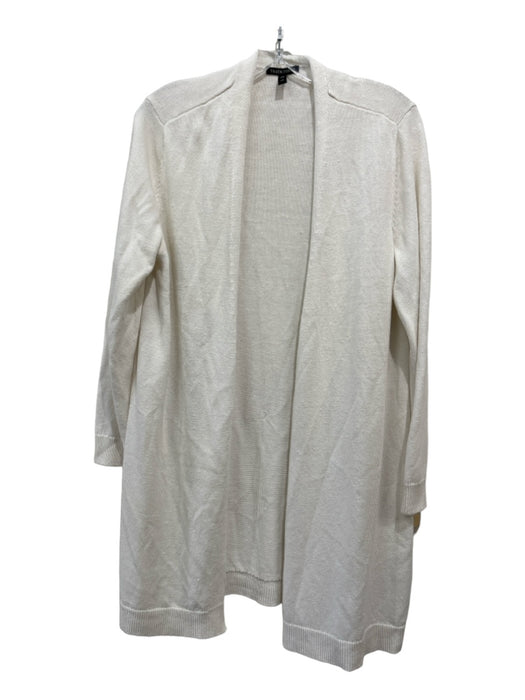 Eileen Fisher Size L White COTTON & LINEN Open Front Knee Length Cardigan White / L