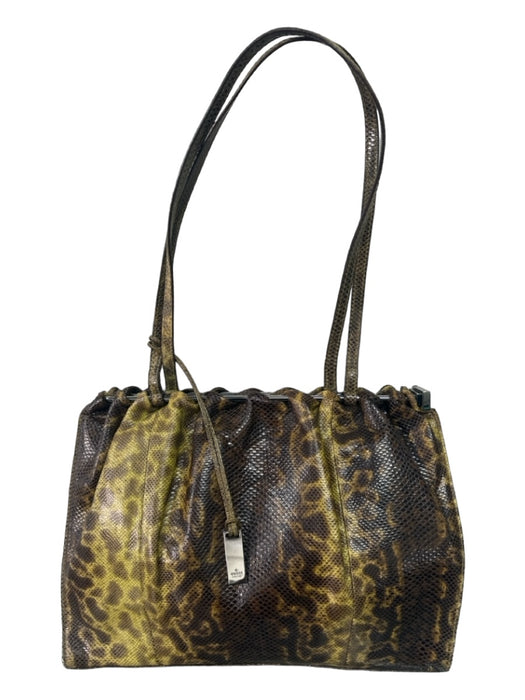 Gucci Green & Brown Lizard Double Top Handle Animal Print Gunmetal Hardware Bag Green & Brown / Small