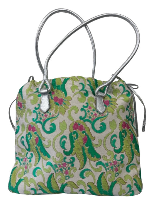 Prada Green, Ivory, Pink Fabric Jacquard Metallic Thread Drawstring Top Bag Green, Ivory, Pink / S