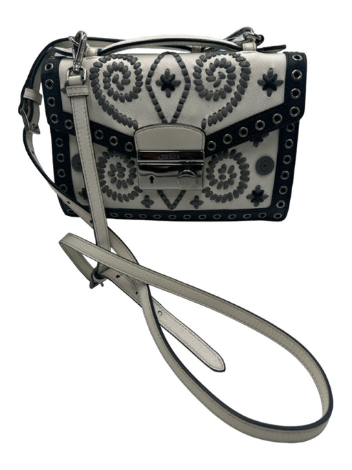 Prada White, Gray, Black Saffiano Leather Grommets Whipstitch Crossbody Bag White, Gray, Black / XS