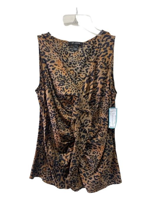 St. John Size 4 Brown & Black Silk Sleeveless Animal Print Ruffle Front Top Brown & Black / 4