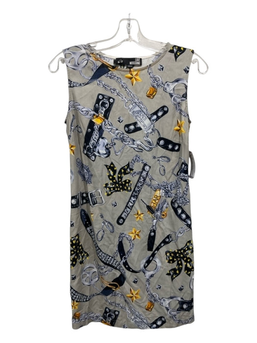 Love Moschino Size 2 Gray, Blue, Yellow Viscose Side Zip Sleeveless Dress Gray, Blue, Yellow / 2