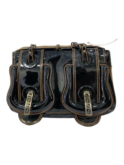 Fendi Black & Brown Patent Leather 2 Handles Chain Strap Contrast Stitching Bag Black & Brown / M