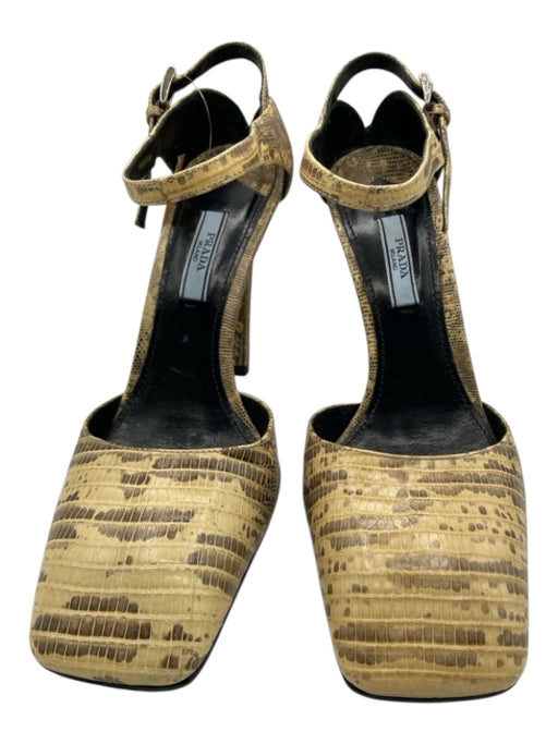 Prada Shoe Size 39 Yellow & Brown Reptile Skin Square Toe Ankle Strap Pumps Yellow & Brown / 39