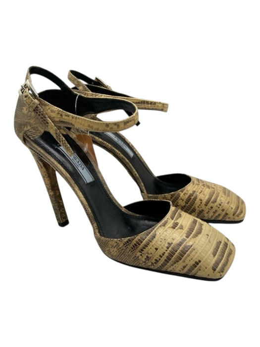 Prada Shoe Size 39 Yellow & Brown Reptile Skin Square Toe Ankle Strap Pumps Yellow & Brown / 39