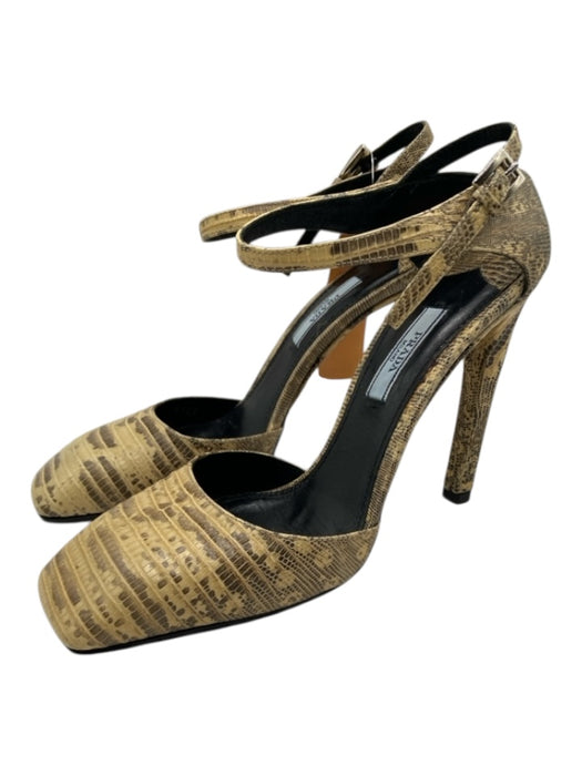 Prada Shoe Size 39 Yellow & Brown Reptile Skin Square Toe Ankle Strap Pumps Yellow & Brown / 39