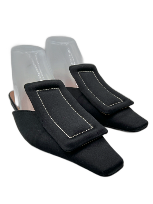 Marni Shoe Size 39 Black Leather Satin Oversized Buckle contrast stitch Mules Black / 39