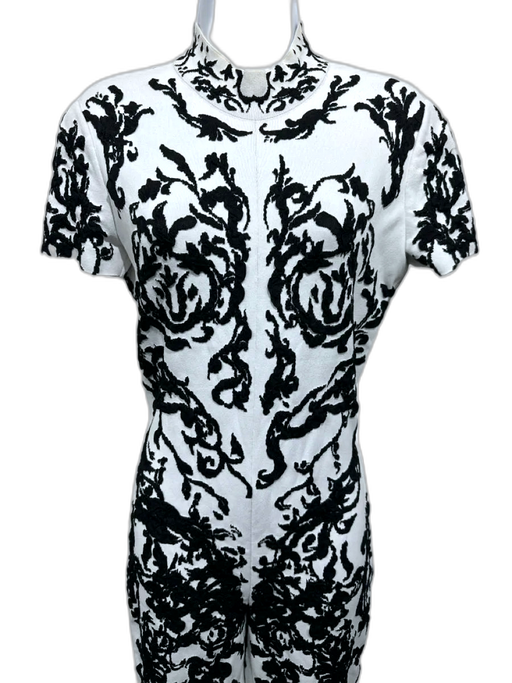 Alaia Size 42 White & Black Viscose Blend Short Sleeve High Neck Jumpsuit White & Black / 42