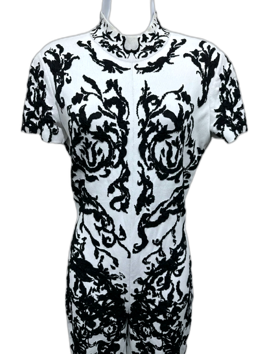 Alaia Size 42 White & Black Viscose Blend Short Sleeve High Neck Jumpsuit White & Black / 42