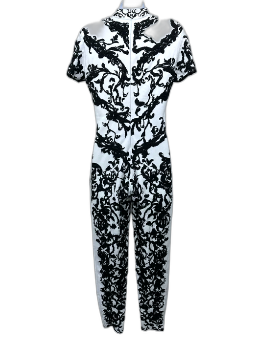 Alaia Size 42 White & Black Viscose Blend Short Sleeve High Neck Jumpsuit White & Black / 42