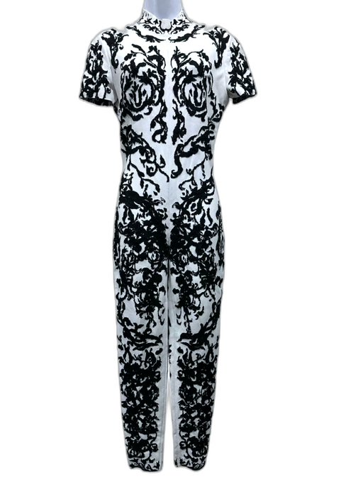 Alaia Size 42 White & Black Viscose Blend Short Sleeve High Neck Jumpsuit White & Black / 42