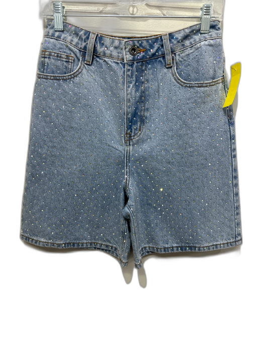Self-Portrait Size 26 Light Wash Cotton Denim Rhinestone Button & Zip Fly Shorts Light Wash / 26