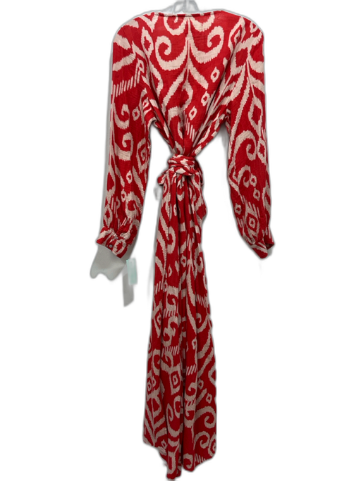 Honorine Size L red & cream Cotton Long Sleeve Ikat Wrap Waist Tie Dress red & cream / L
