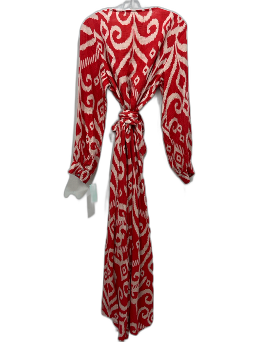 Honorine Size L red & cream Cotton Long Sleeve Ikat Wrap Waist Tie Dress red & cream / L