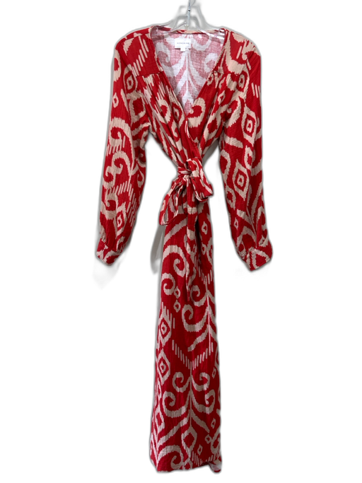 Honorine Size L red & cream Cotton Long Sleeve Ikat Wrap Waist Tie Dress red & cream / L