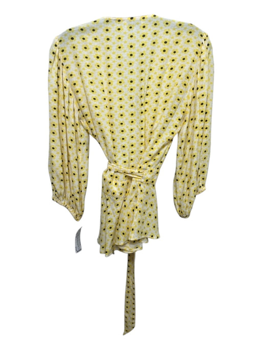 Ganni Size 34 Yellow, Black & White Viscose 3/4 Sleeve Floral Polka dot Wrap Top Yellow, Black & White / 34
