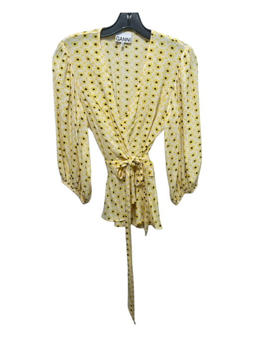 Ganni Size 34 Yellow, Black & White Viscose 3/4 Sleeve Floral Polka dot Wrap Top Yellow, Black & White / 34