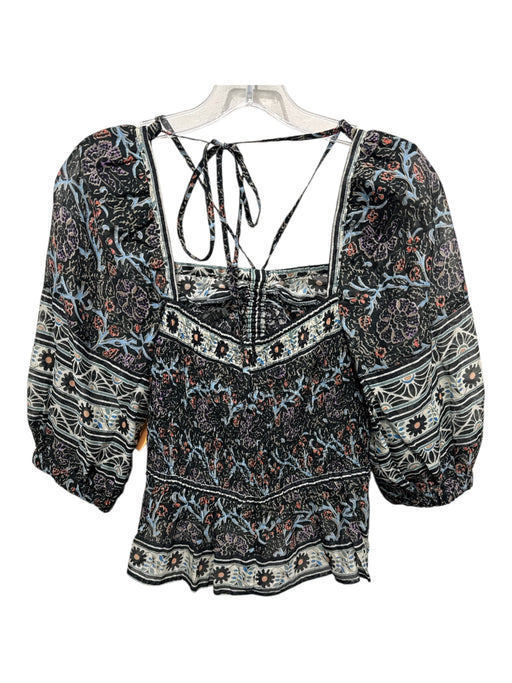 Sea New York Size M Black, Blue, Multi Cotton Abstract Floral Semi Sheer Top Black, Blue, Multi / M