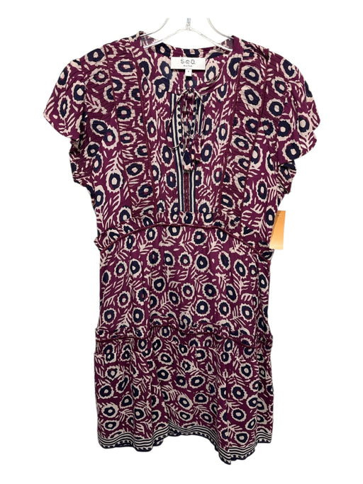 Sea New York Size 4 Purple, Navy, Beige Viscose Abstract Print V Neck Dress Purple, Navy, Beige / 4