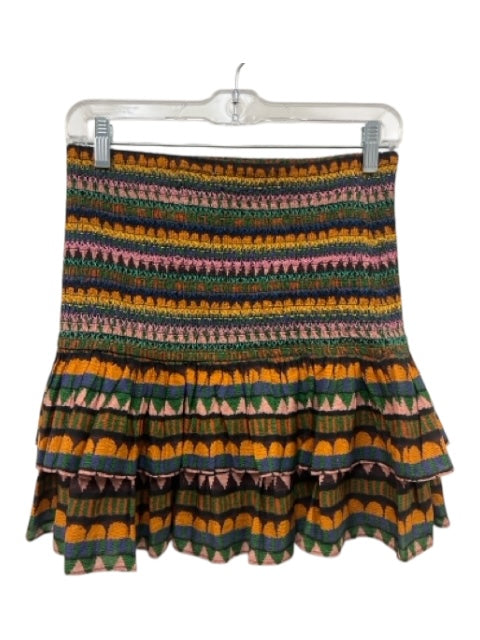 Farm Rio Size S Orange, Blue, Multi Cotton Smocked Tiered Abstract Print Skirt Orange, Blue, Multi / S