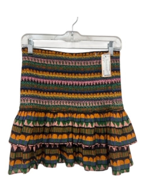 Farm Rio Size S Orange, Blue, Multi Cotton Smocked Tiered Abstract Print Skirt Orange, Blue, Multi / S