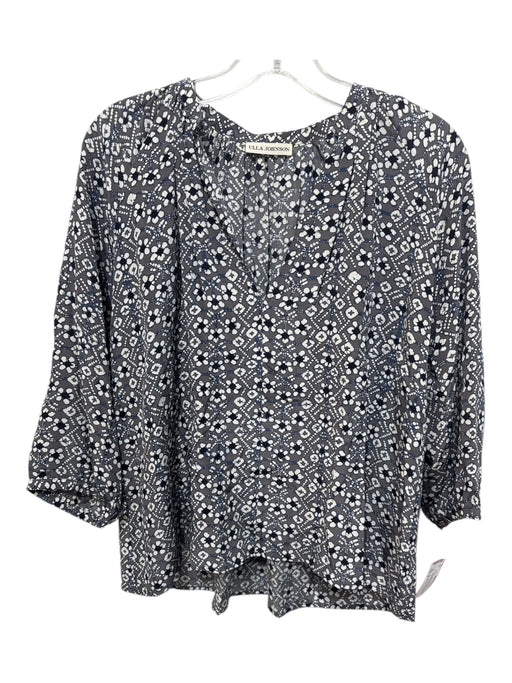 Ulla Johnson Size 6 Gray, Blue, Black Silk Long Sleeve Abstract Print V Neck Top Gray, Blue, Black / 6