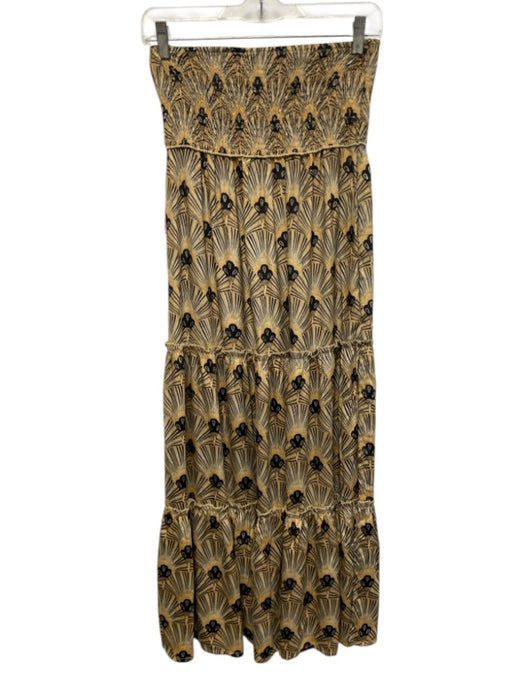 Perry Walker Size 1 Beige, Black, Gold Silk Blend Smocked Waist Band Fans Skirt Beige, Black, Gold / 1