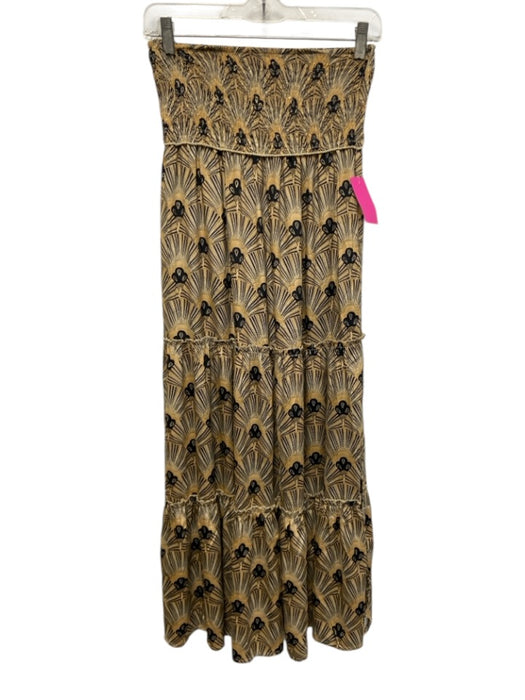 Perry Walker Size 1 Beige, Black, Gold Silk Blend Smocked Waist Band Fans Skirt Beige, Black, Gold / 1
