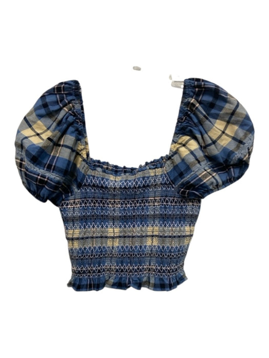 Loveshackfancy Size S Blue, Black, White Cotton Short Balloon Sleeve Plaid Top Blue, Black, White / S