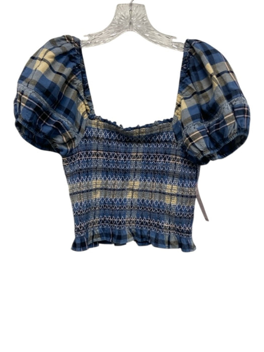Loveshackfancy Size S Blue, Black, White Cotton Short Balloon Sleeve Plaid Top Blue, Black, White / S