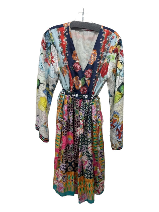 Johnny Was Size S Red Blue & Multi Silk Floral Surplice Long Sleeve Dress Red Blue & Multi / S