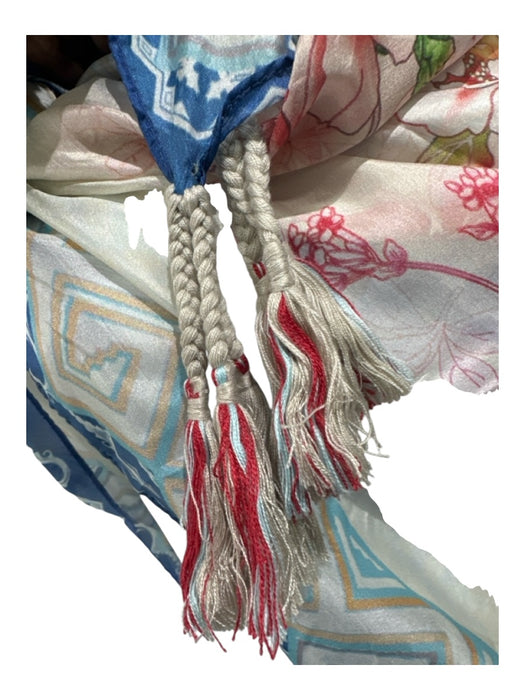 Johnny Was White, Blue, Pink Silk Floral Tassels scarf White, Blue, Pink