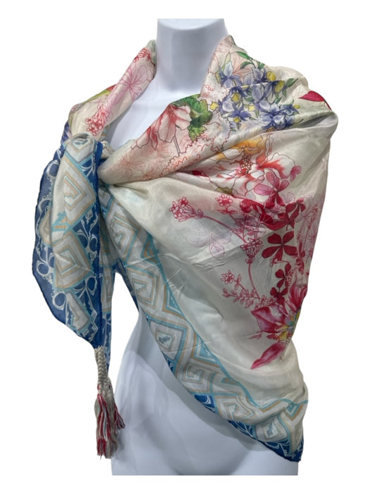 Johnny Was White, Blue, Pink Silk Floral Tassels scarf White, Blue, Pink