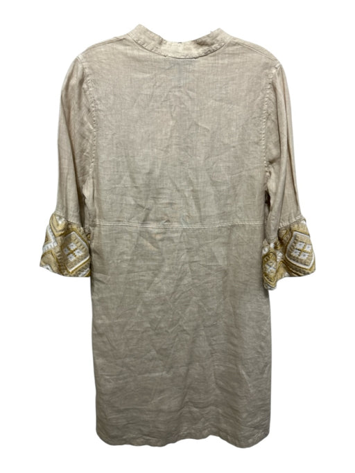 Haris Cotton Size M Tan & Gold Linen Embroidered Geometric Quarter Button Dress Tan & Gold / M
