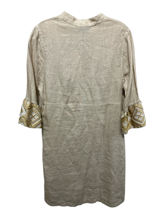 Haris Cotton Size M Tan & Gold Linen Embroidered Geometric Quarter Button Dress Tan & Gold / M